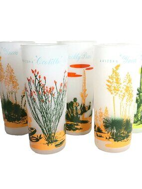 Vintage Arizona Cactus Frosted Glass Tumblers Highballs Set of 5 Blakely Oil